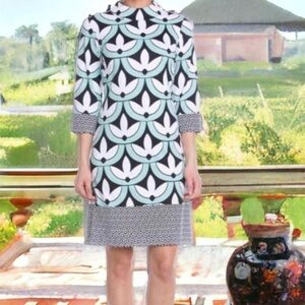 J. McLaughlin Catalina Sophia Sheath Dress Floral Geo Mod Art Deco Green Blk